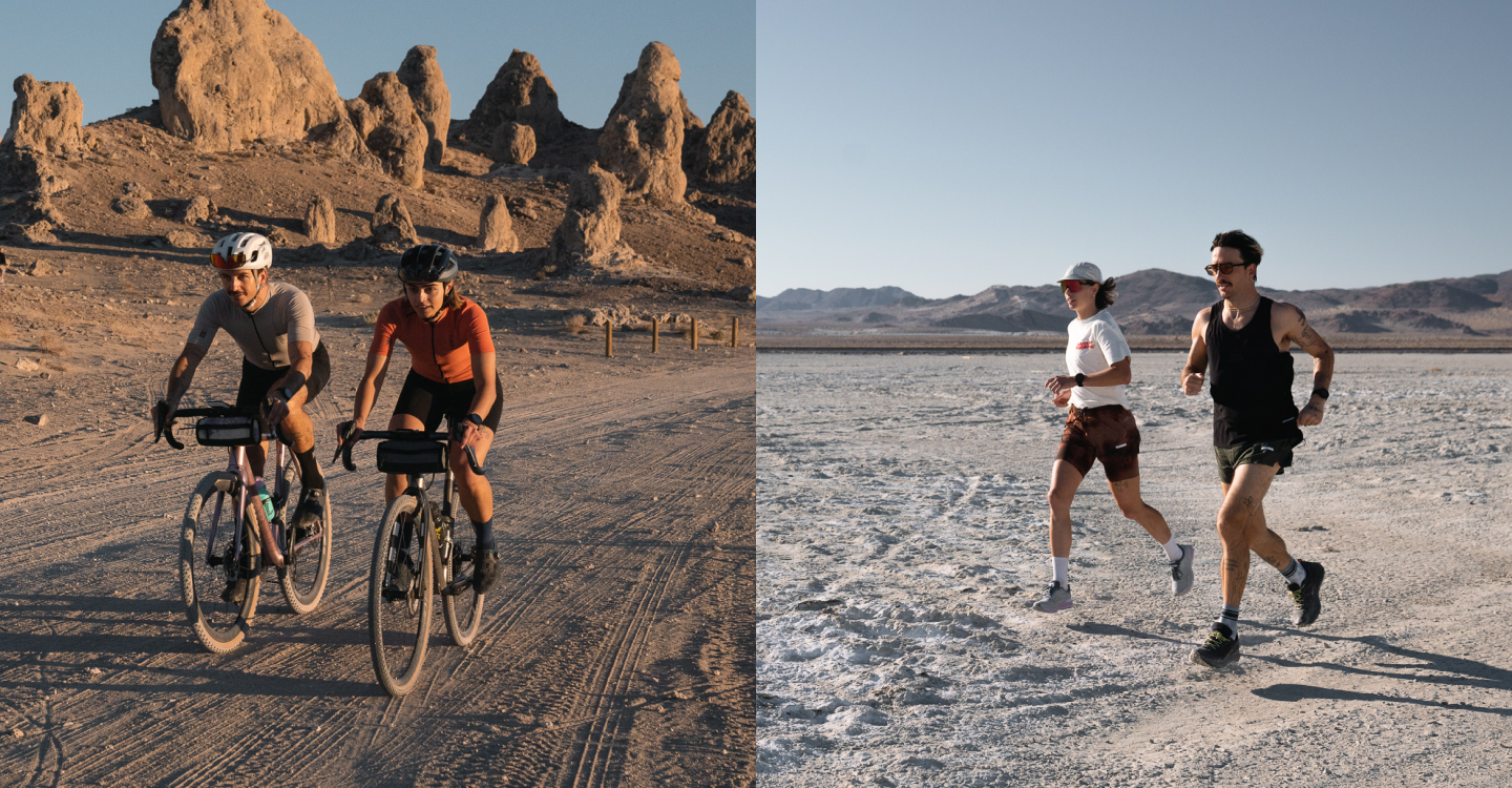 Male and Female riding gravel bikes towards camera late afternoon; Male and Female running  on gravel towards camera late afternoon.